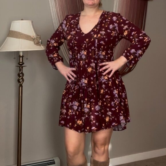 American Eagle Outfitters Burgundy Floral Dress Size Large - Picture 1 of 3